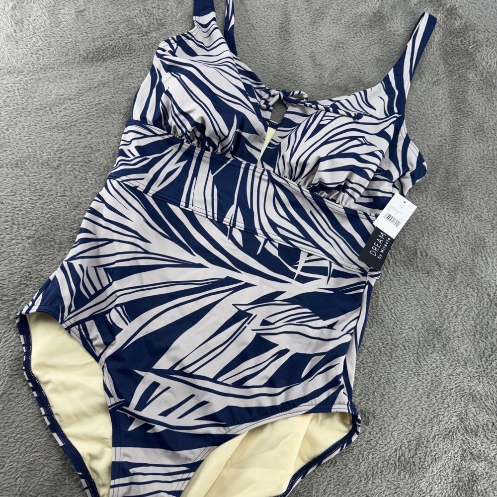 Dream‎ by Miracle One Piece Swimsuit Women 10 Blue White NEW Palm Leaf 674229